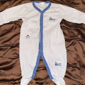 Kissy Kissy Grey Stripe Embroidered Train Cotton Footie 0-3 M